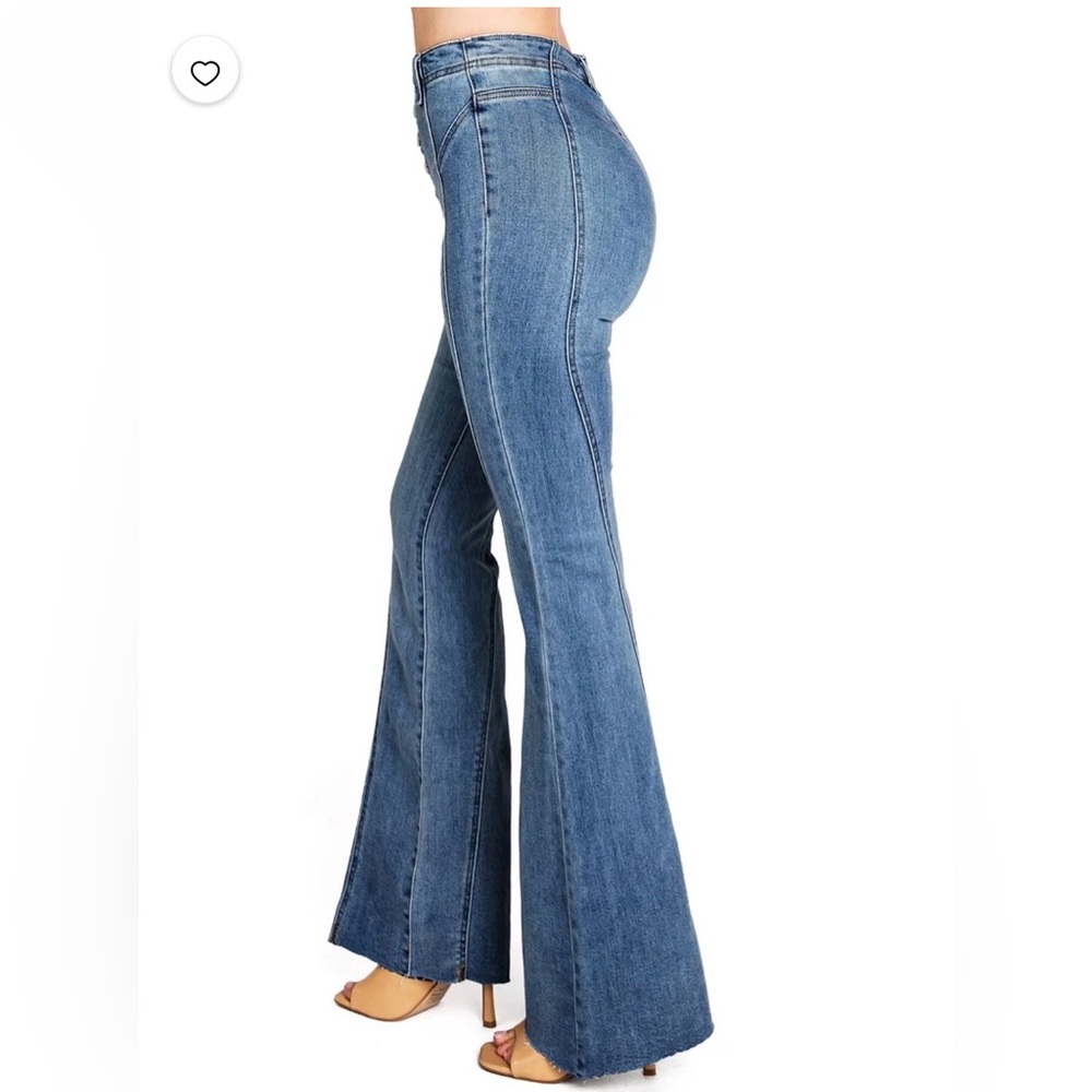 Cello Women's Mid-Blue High-Rise Flare Jeans exposed button fly raw hem sz 28 - Picture 5 of 14